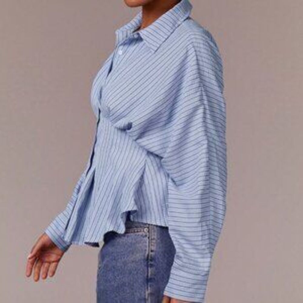 Blue Casual Women's Peplum Blouse with Structured Waist & Tailored Collar - Picture 5 of 5